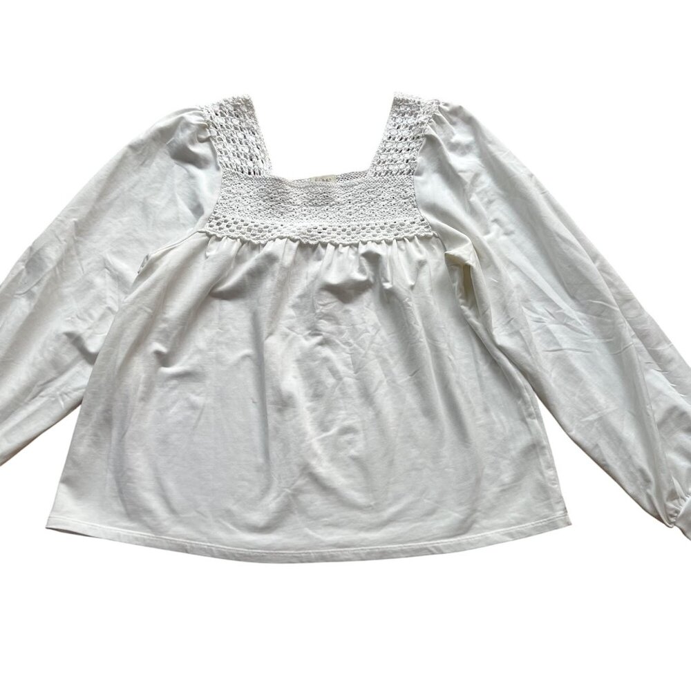 Smocked Crochet Peasant Blouse Hinge Size M White Long Sleeve Square Neck Top